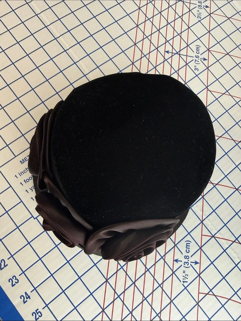 Vintage 1960s Black Velvet Hat Satin Roses Union Made Mod Cloche